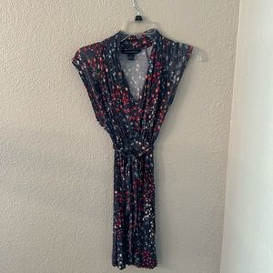 French Connection navy dress with colorful pattern - super flattering and cute!